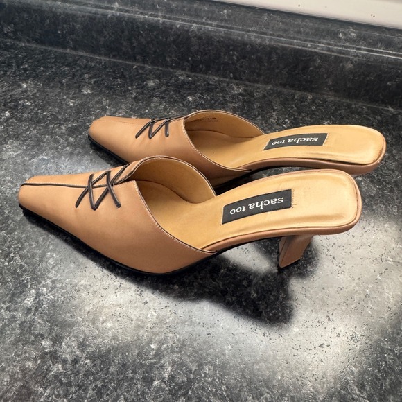 Sacha Too Women Tan Leather Pointed Toe Lace Up Mule Heels Size 7.5B - Picture 3 of 10